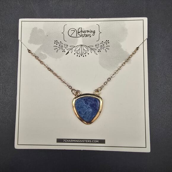 7 Charming Sister Blue Lapis Pendant Necklace Gold Tone Chain New on Card - Picture 1 of 6
